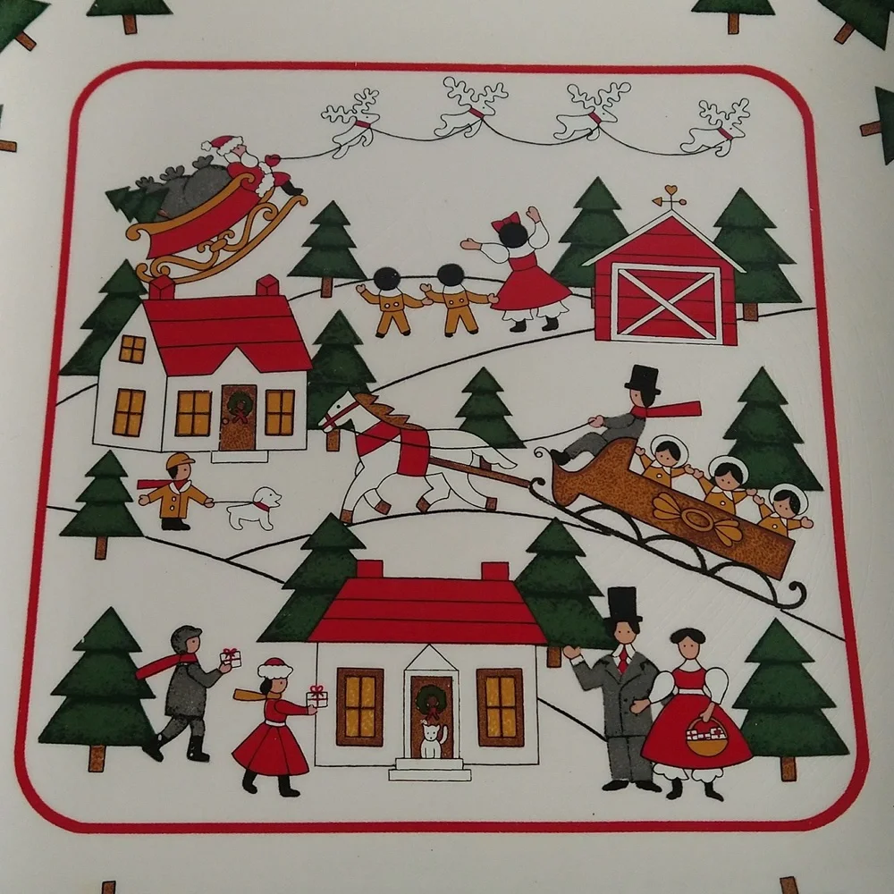 Vintage Masons Christmas Village Square Cake Plate Tab Handles Platter